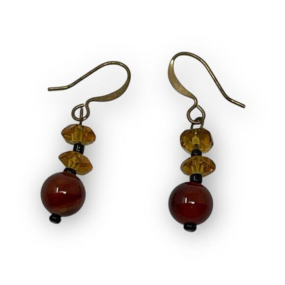 Vintage Amber and Gold Tone Beaded Drop Dangle Earrings - Picture 1 of 8